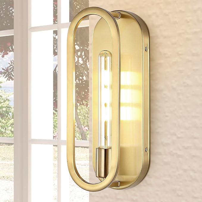 JONATHAN Y 14.25" Brass Gold LED Wall Sconce, 1-Light Mid-Century Lamp for Bathroom Vanity, Bedroom, Hallway, Dimmable Bohemian Metal Fixture, LED Bulb Included JYL9917A