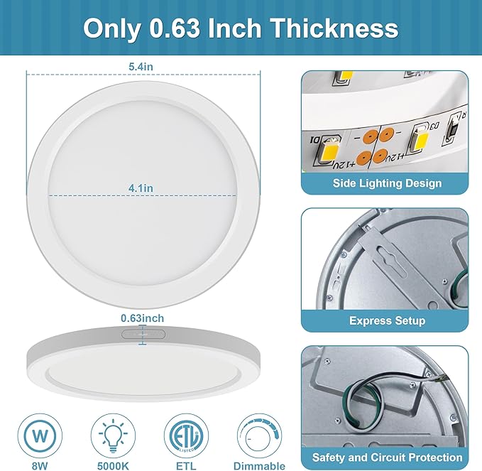 ETL Certified 5 inch Flush Mount Ceiling Light Dimmable 5000K Round Flat Ceiling Light Fixture Ultra Thin 0.63'' Thick Ceiling Lights for Bathroom,Kitchen,Hallway,Basement,Closet 10 Pack White