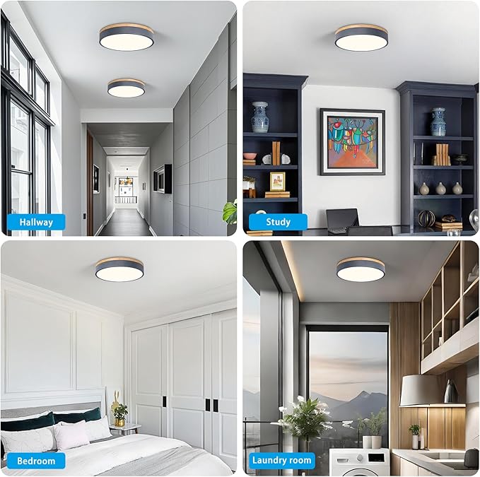 WOKNOS Dimmable Wood Oak Ceiling Light Fixture Modern Gray LED Flush Mount Ceiling Light 5CCT Minimalist Circle Close to Lighting Fixture for Bedroom Kitchen Bathroom Laundry Room 11.81 Inch