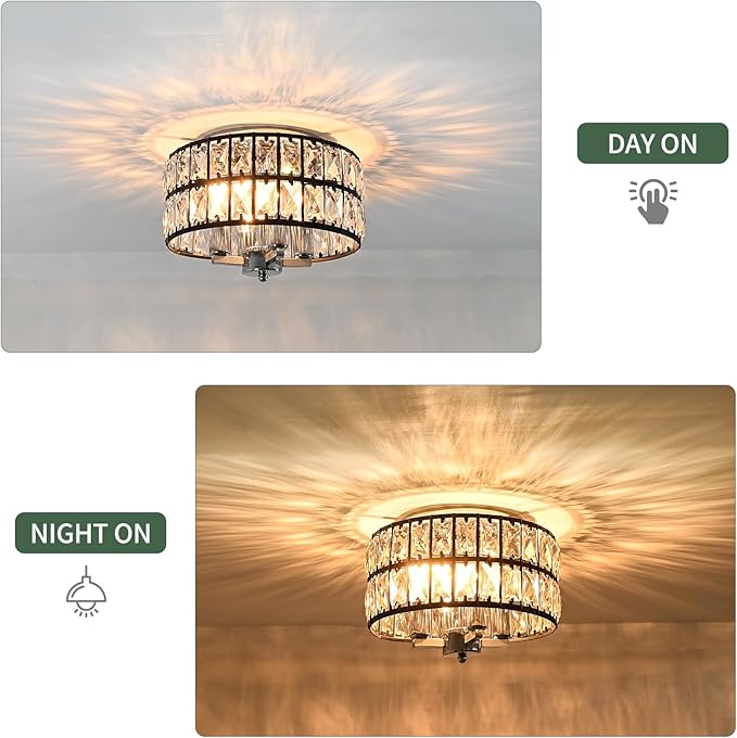 JHLBYL Black and Chrome Flush Mount Ceiling Light, Modern Crystal Ceiling Light Fixture 4-Lights Close to Ceiling Light Fixtures for Hallway Bathroom Kitchen Dining Room Entryway