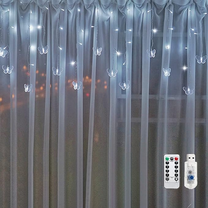 Butterfly Curtain Fairy String Lights, 120LED 8 Modes USB Powered Timer Firefly Twinkle Light with Romote, 14.7FT Copper Wire Hanging Decoration for Room, Wedding, Bedroom, Party, Christmas Decor
