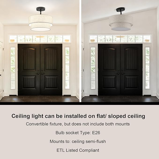 3-Light Semi Flush Mount Ceiling Light, 12.6 Inch Drum Black Chandelier Fabric Metal Kitchen Light Fixture, Dimmable Dining Room Light Fixture E26 Base Chandeliers for Living Room Bedroom
