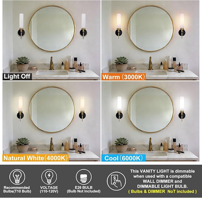 LaLuLa Wall Sconce Set of 2, Black and Gold Vanity Lights for Bathroom, Knurled Detail, Frosted Glass Cylinder Shade, E26 Base, Hardwired, Up or Down Mount, for Hallway, Bedroom, Living Room