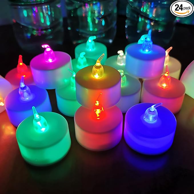 LANKER 24 Pack LED Tea Lights Candles, 7 Color Changing Flameless Tealights, Long Lasting Battery Operated Fake Candles, Decoration for Wedding, Halloween and Christmas (Multi-Color -24pcs)