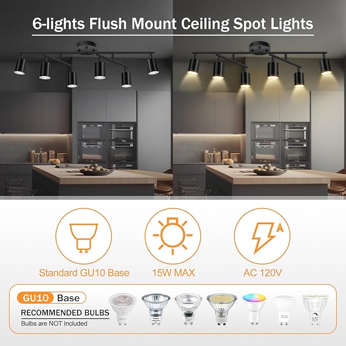 Track Lighting Fixtures Ceiling Black, 6 Light Track Lighting Kit for Kitchen, 30" Flexibly Spotlight with Rotatable Head, Modern LED Flush Mount Ceiling Lighting for Living Room Bedroom(GU10,NO Bulb)