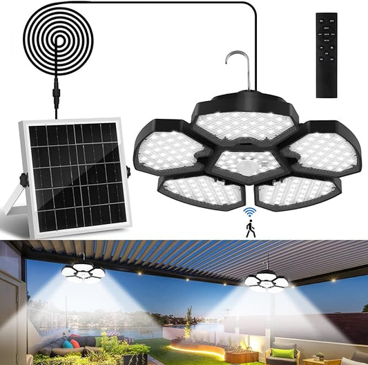 Solar Shed Light Motion Sensor Lights Outdoor IP65 Waterproof with Remote Control, Solar Powered Pendant Light Indoor with 5+1 Panels for Garden, Gazebo, Chicken Coop, Patio, Balcony, Barn