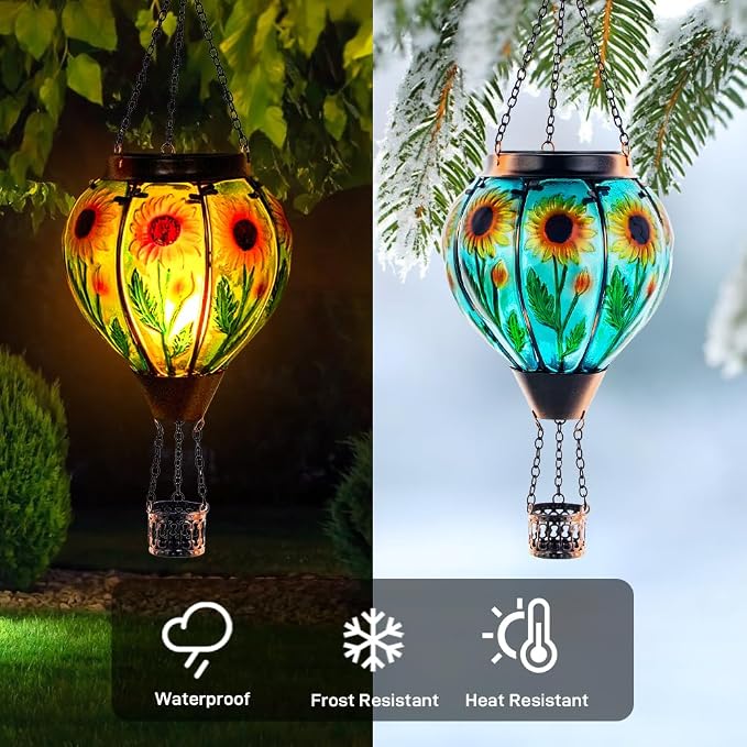 Starsoul Sunflower Hot Air Balloon Solar Lantern Glass Outdoor Hot Air Balloon Solar Flickering Flame Light Hanging Solar Lanterns Outdoor Waterproof Garden Patio Yard Party Decor