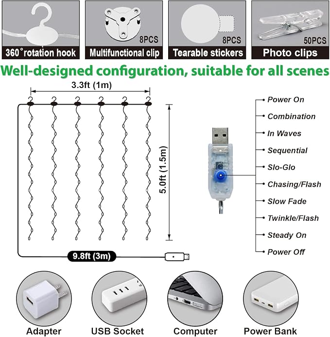 ZSJWL 3.3×5ft Short Curtain Lights with 8 Hook for Small Windows, 96 LED White Photo Clips String Light with 52 Clear Clips, Remote Control 8 Modes USB Plug Fairy Lights for Bedroom, Party, Wall