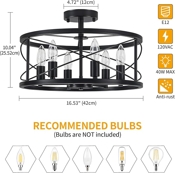 6-Light Black Semi Flush Mount Ceiling Light, 16.53'' Modern Farmhouse Close to Ceiling Light Fixtures, Ceiling Lamp for Hallway Entryway Foyer Dining Room Living Room Bedroom Kitchen Light Fixtures