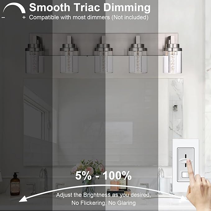MELUCEE LED Vanity Light Bar 5-Light Bathroom Vanity Light Modern 25W Bath Lamps Over Mirror Brushed Nickel Bathroom Wall Lighting Fixtures with Clear Glass Shade Bubble Crystal Restroom Lighing