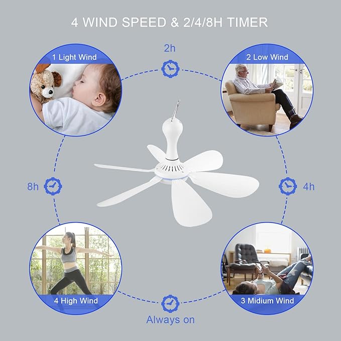 Portable Ceiling Fan USB Powered Canopy Fan with Speed Timer switch, Quiet Small DC USB Ceiling Fan Hanging Fan with 6 Blades for Camping Cruise RV Tent Gazebo Bed Dormitory Home Room