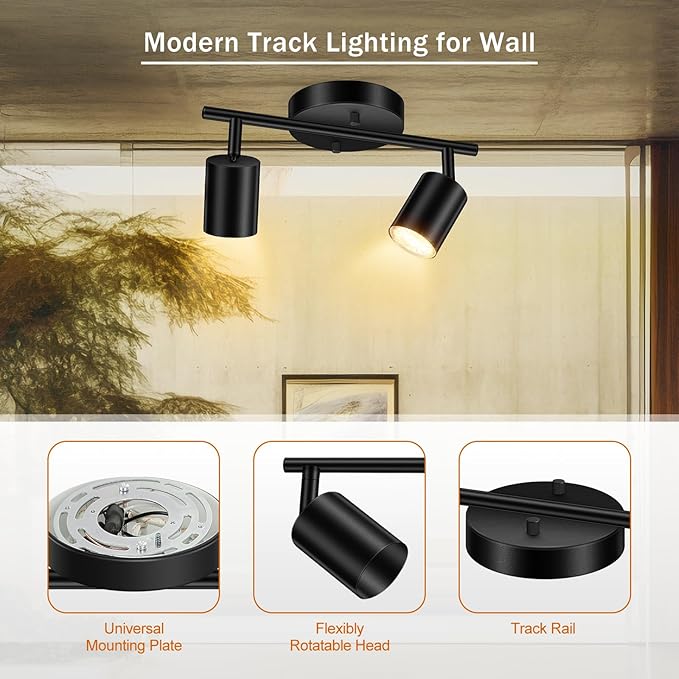 Black Track Lighting Ceiling, 2 Lights Track Lighting for Kitchen, Modern Track Lights Fixtures Ceiling Kit, Rotatable Track Heads, Wall Mount Spot Lighting for Living Room/Bedroom(Bulb Not Included)
