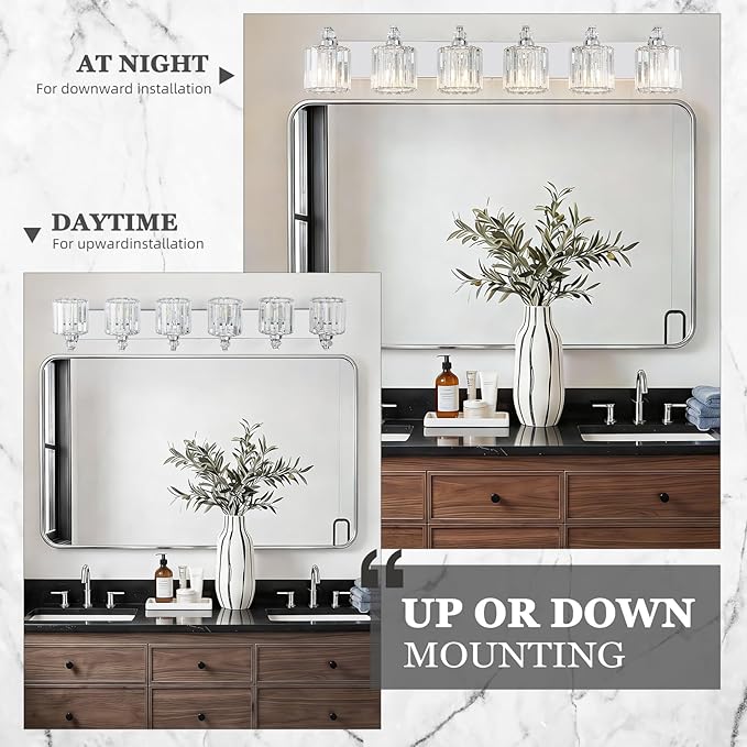 6-Light Modern Bathroom Light Fixture Chrome Vanity Lights Over Mirror Wall Sconce Lighting with K9 Crystal Shades Bathroom Wall Lamp E26 Base for Bedroom, Living Room, Hallway