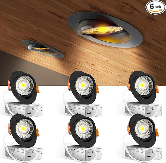 Amico 6 Pack 4 Inch 5CCT Gimbal LED Recessed Lighting, 360°&90°Adjustable Eyeball Directional Downlight, Dimmable, 2700K/3000K/3500K/4000K/5000K Selectable, 9W 700LM CRI90+, Black, ETL&FCC