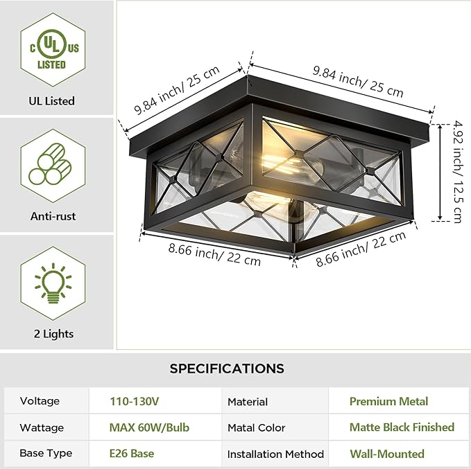 Asnxcju Farmhouse Light Fixtures Ceiling Mount, 2-Light Black Flush Mount Ceiling Light with Clear Glass Shade, Metal Cage Square Close to Ceiling Lamp for Bathroom Kitchen Porch (Bulbs Not Included)