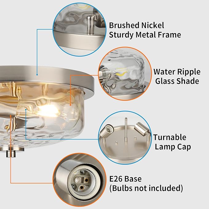 Brushed Nickel Flush Mount Light, Kitchen Ceiling Fixture with Water Ripple Glass Shade, 2-Light Outdoor Porch Flush Mounts for Hallway, Foyer, Entryway, Bathroom