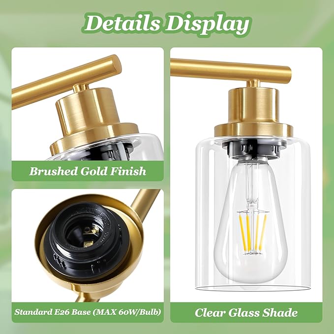 2-Light E26 Bathroom Light Fixtures, Modern Brushed Gold Vanity Lights for Bathroom with Clear Glass Shade, Mirror Kitchen Hallway Cabinet Living Room Sconces Wall Lights
