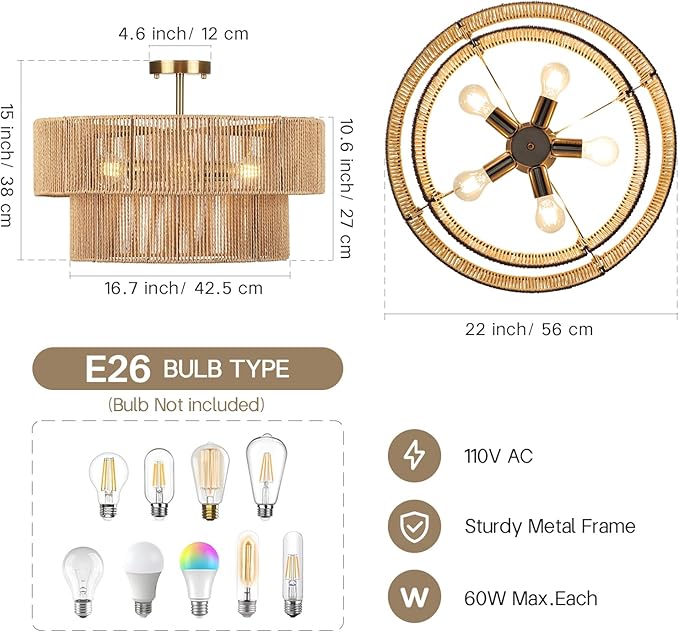 22” Boho 2-Tier Rattan Ceiling Light Fixture, 5-Light Flush Mount Woven Chandelier for Bedroom, Dining Room, Kitchen, Entryway, Living Room, Rustic Gold Lighting