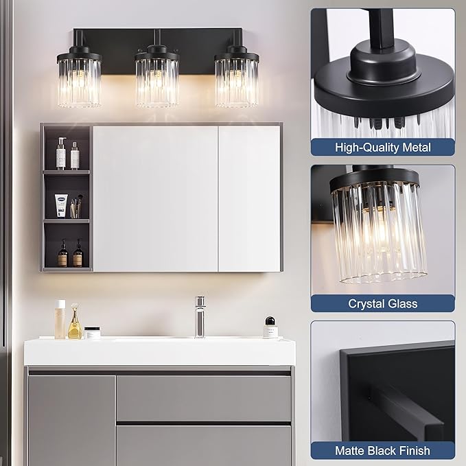 Modern Crystal Bathroom Light Fixtures, 3 Light Black Farmhouse Vanity Lights, with Crystal Glass Shade, Industrial Bathroom Lighting Fixtures Over Mirror Wall Light for Bedroom Living Room
