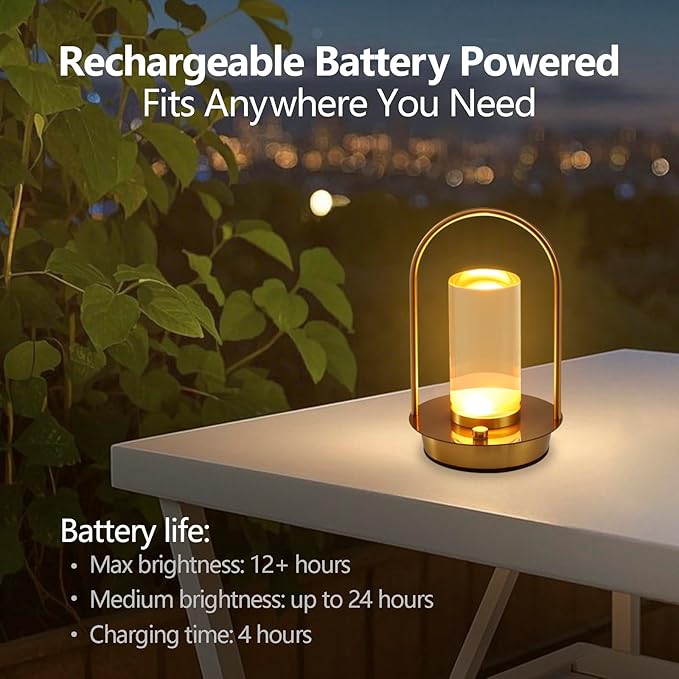 Cordless Table Lamp, 3-Color & Stepless Dimming with Touch Control, Portable Rechargeable for Outdoor Indoor Use, Water-Resistant Desk Light for Bedroom Living Room Patio (Gold)