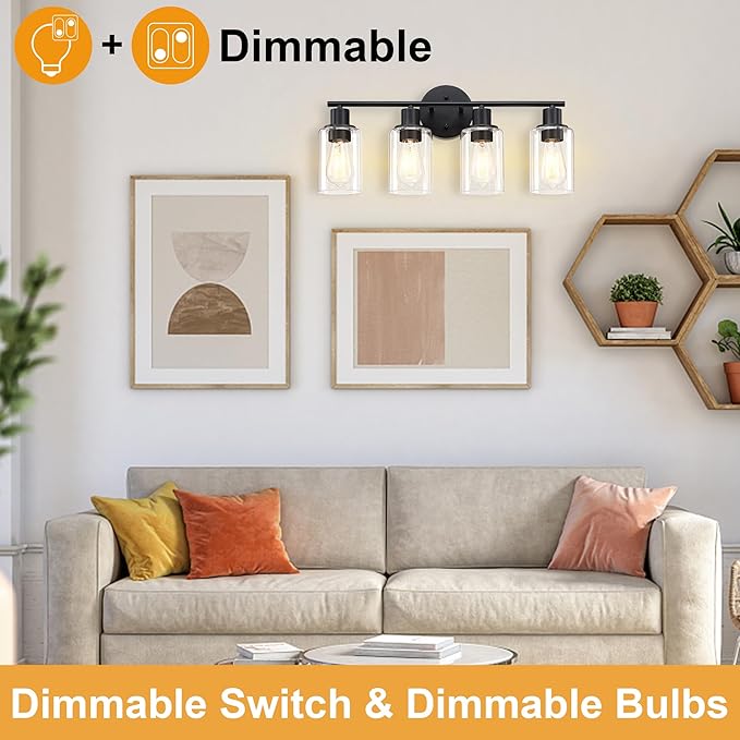 Pia Ricco Bathroom Vanity Light Fixtures, 4-Light Black Vanity Lights with Clear Glass Shades, Modern Wall Sconces Over Mirror, Bath Wall Sconces for Mirror Living Room Bedroom Hallway