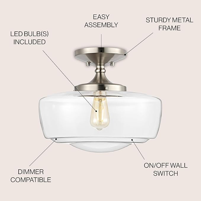 JONATHAN Y 14" Nickel Modern Farmhouse LED Flush Mount Light Fixture, Clear Glass Shade, Rustic Industrial Schoolhouse Lamp for Kitchen Hallway Bedroom (JYL7517D)