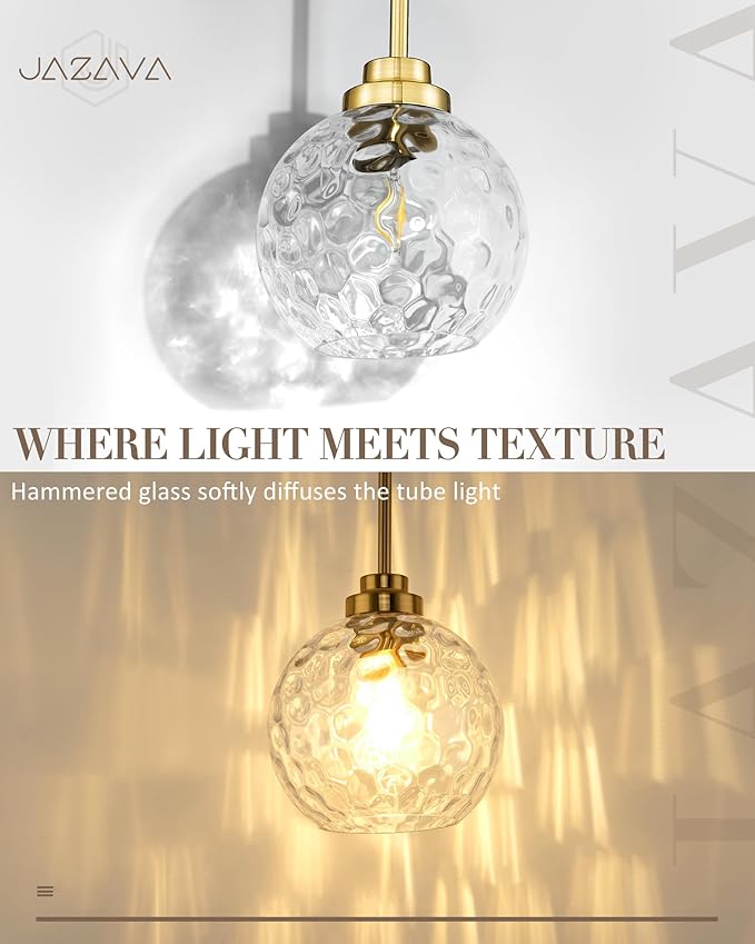 8 Inch Modern Farmhouse Pendant for Kitchen Island, Adjustable Height Hanging Fixture with Hammered Glass,Brushed Gold Finish, Dining Room Entryway - PL101HBG-L
