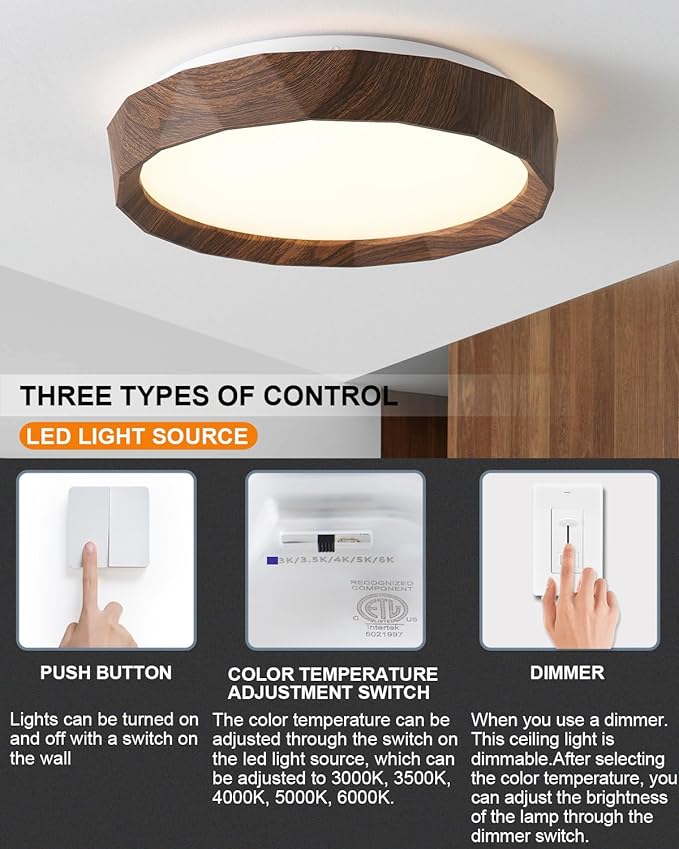 ANYLOVE 15 inch LED Flush Mount Ceiling Light Fixture,3000K 4000K 5000K Adjustable Ceiling Lights, Farmhouse Oak Wood Grain Ceiling Light for Bedroom Hallway Bathroom Kitchen