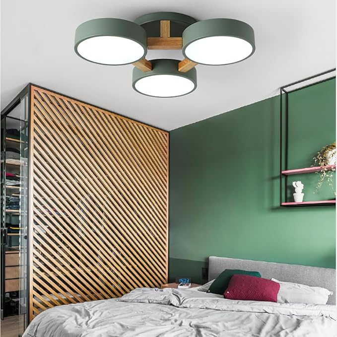 LED Ceiling Light Fixture,21 Inch 3-Lights Modern Ceiling Lights Flush Mount Wooden 33W Chandelier for Living Room Bedroom Kitchen,Dimmable 3000K/4000K/6000K Temperatures Selectable, Green