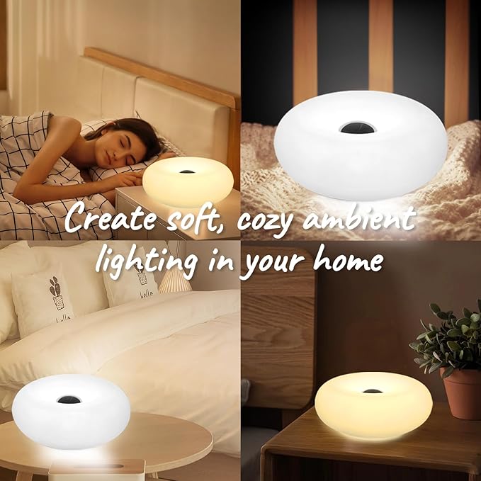 Modern Design Donut Table Lamp, LED Bedside Desk Lamp with Durable Shade, Rotomolded Small 3-Color Dimmable Nightstand Lamps (Not Glass) (White)