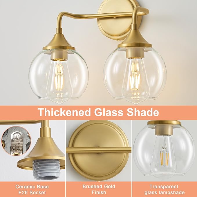 Gold Bathroom Vanity Light with Clear Glass Shade, E26 Base, 2-Light Bathroom Light Fixtures Over Mirror, 14 Inch Vanity Lights for Bathroom (Exclude E26 Bulb)