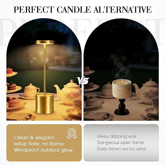 AUDLES Gold Cordless Table Lamp Set of 2, 5000mAh Rechargeable Lamp with Touch Control & Stepless Dimming, 3 Light Modes, IP54 Waterproof Portable Light for Dining Table, Patio, Bedroom, Power Outage