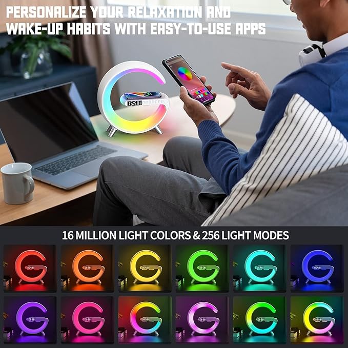 LeeNabao Smart LED Table Lamp, 4-in-1 Wireless Charger, Night Light, Alarm Clock, and Bluetooth Speaker with App Control for Bedroom, Office, and Home Decor (White)