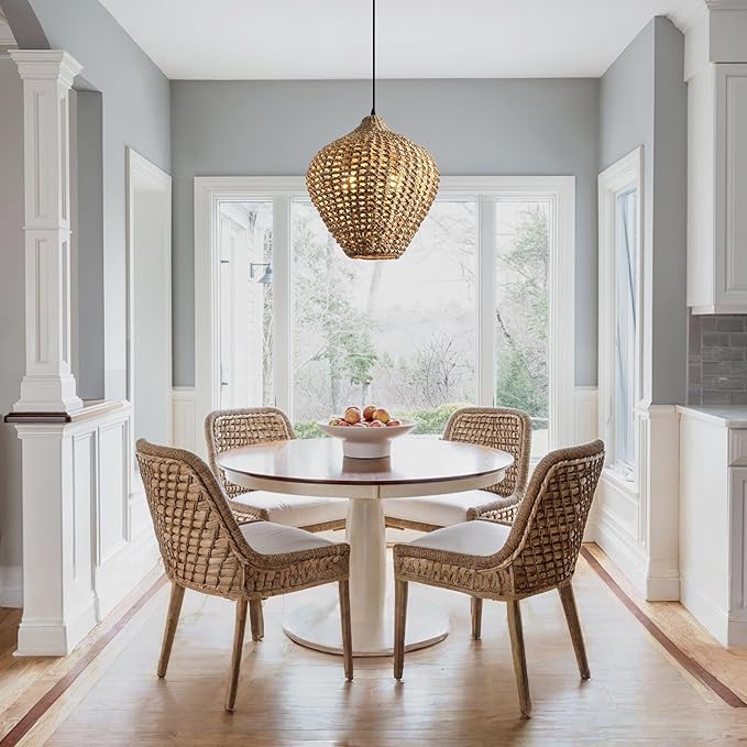 15.75" Rattan Pendant Light,2-Light Boho Hand Woven Coastal Wicker Hanging Ceiling Chandeliers,for Kitchen Island, Dining Room, Farmhouse,Foyer