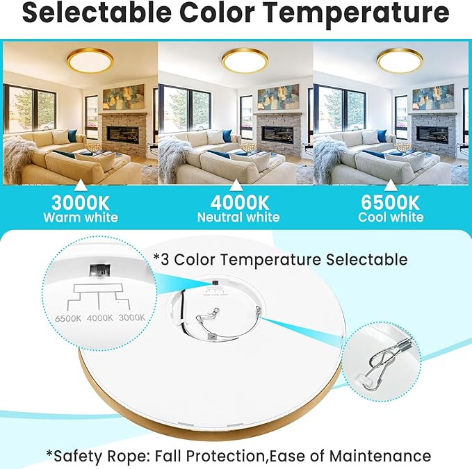 libtit 16Inch Flush Mount LED Ceiling Light Fixture, 3000K 4000K 6500K Adjustable, 36W 3600lm Gold Satin Round Ceiling Lamp for Bathroom Shower Hallway Kitchen, 2 Pack