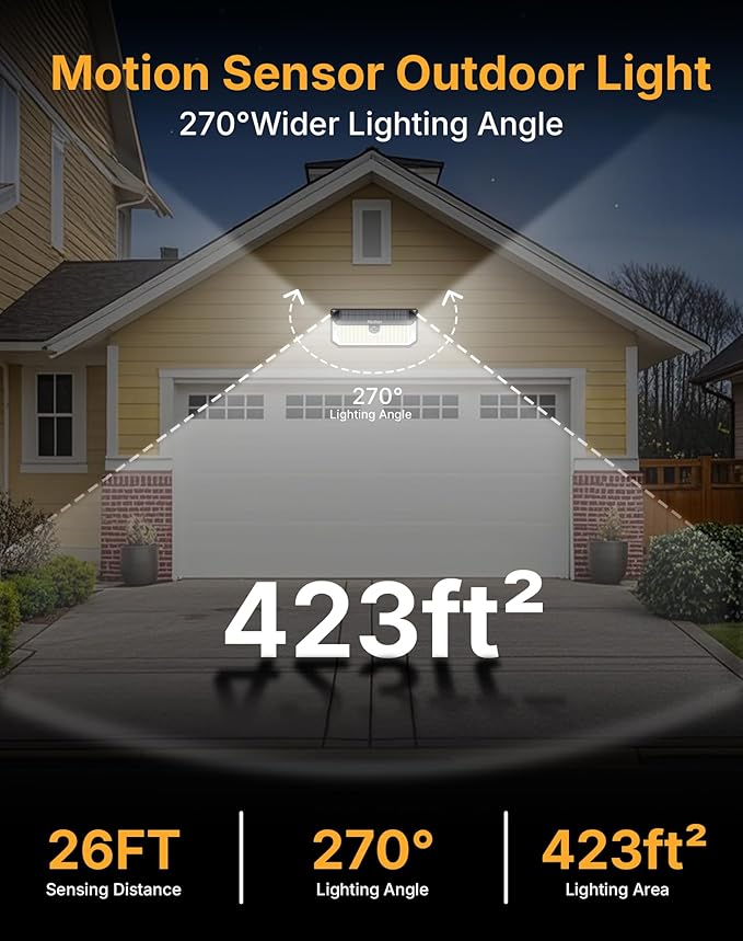 Solar Security Lights Outdoor, 466 LED 4000Lm Ultra Bright, 270° Wide Motion Sensor, IP68 Waterproof, 3 Modes Dusk-to-Dawn Solar Flood Light for Driveway Fence Garden Garage, 2-Pack