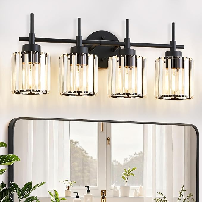 EJIAXIN 4 Light Round Crystal Vanity Lights, Modern Black Crystal Wall Light Bath Mirror Light Fixture Over Mirror Bathroom Wall Sconces for Bathroom Living Room