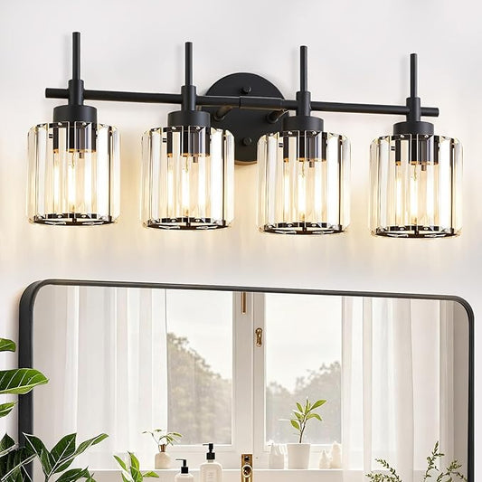 EJIAXIN 4 Light Round Crystal Vanity Lights, Modern Black Crystal Wall Light Bath Mirror Light Fixture Over Mirror Bathroom Wall Sconces for Bathroom Living Room