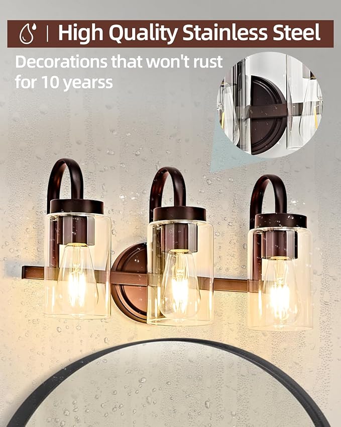 3 Light Bathroom Vanity Light, Black Coffee Vanity Lights for Bathroom, Modern Light Fixtures Over Mirror with Clear Glass Shade, Wall Sconce Lighting for Bedroom Living Room Hallway
