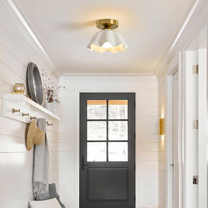 Glaze Ceramic Semi Flush Mount Ceiling Light - 2 Pack, Vintage Gold Hallway Light Fixtures, Flower White Globe Ceiling Lights, Mid Century Small Light Fixture for Cottage Entryway Laundry Room Foyer