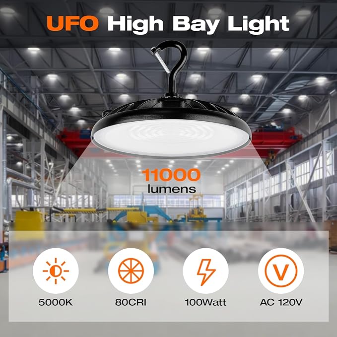SYLVANIA ValueLED UFO LED High Bay Light, 100W, 11000 LMS, 80 CRI, 5000K, Daylight, Black, 120V with 6' Cord/Plug, High Bay Led Shop Lights for Commercial Factory Barn Garage, UL Listed-10 Pack(67259)