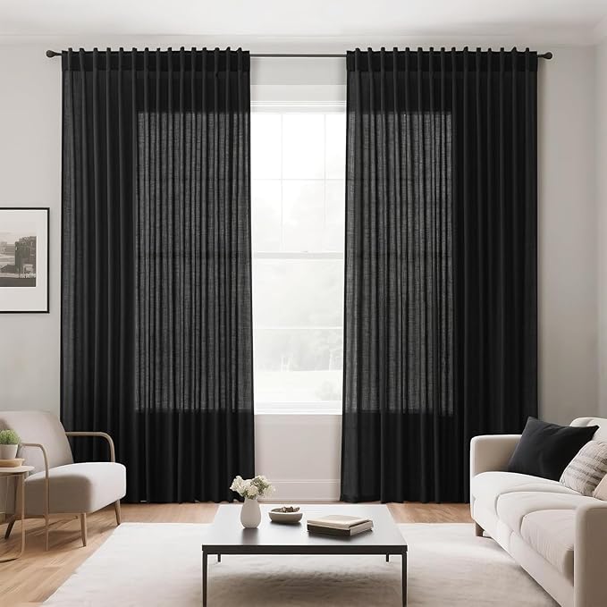 Nanspring Black 102 Inch Linen Curtains for Living Room Back Tab Rod Pocket Privacy Semi Sheer Light Filtering Curtains Simple Modern Soft Material Panel Drapes for Bedroom,2 Panels, 60x102