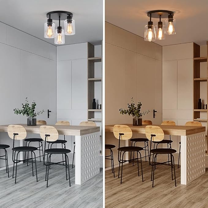 3-Light Industrial Farmhouse Black Matte Light Fixtures Ceiling Mount, with Clear Glass Shades Semi Flush Mount Ceiling Light, for Hallway Fixtures Kitchen, Foyer