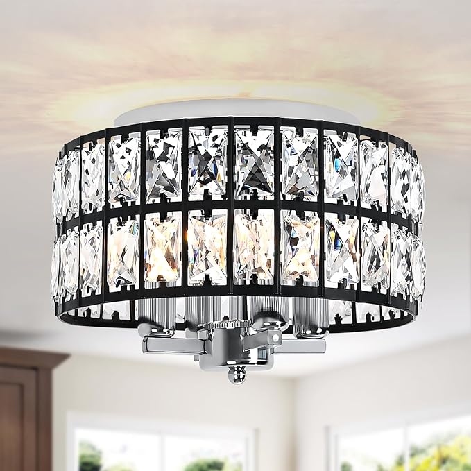 Black Chrome Crystal Ceiling Light, 4-Light 11.2 Inch Modern Flush Mount Chandelier, Crystal Flush Mount Ceiling Light Fixture for Bedroom, Kitchen, Bathroom, Hallway, Dining Room, Entryway