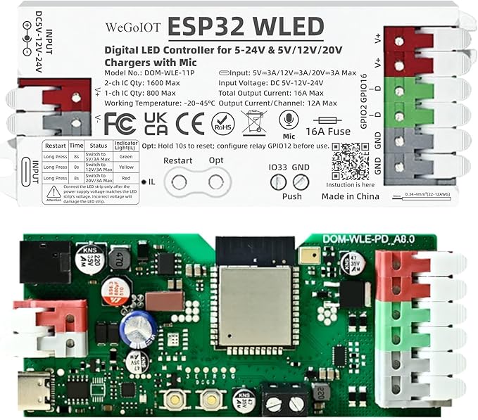 ESP32 WLED Controller with 16A Fuse for 5V-24V LED Strip Dynamic RGB IC DIY Port WiFi App Control Easy Wiring FCOB Addressable Strip Light (DOM-WLE-11P with Mic)
