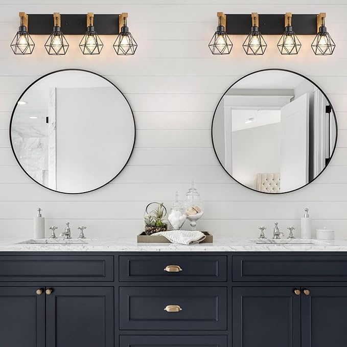 maesta 4-Light Farmhouse Bathroom Vanity Light Fixtures, Wood Bathroom Light Over Mirror, Rustic Sconces Wall Lighting with Elegant Metal Lampshade for Living Room, Bedroom, Hallway
