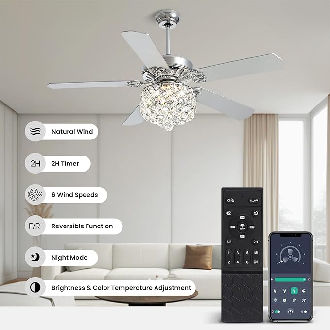 CROSSIO 52" Crystal Ceiling Fan with Light Dimmable LED Chandelier Ceiling Fan Modern Reversible Fandelier Light Fixture with Remote for Bedroom Dining Room Living Room Chrome