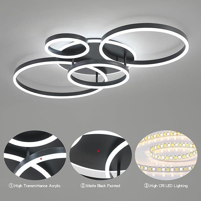 O'NEELDY Flush Mount Modern Ceiling Light Black Led Modern Light Fixtures Ceiling Mount Lights 4 Rings Led Chandelier Lamp Fixture with Remote for Living Room Kitchen Dining Room Bedroom
