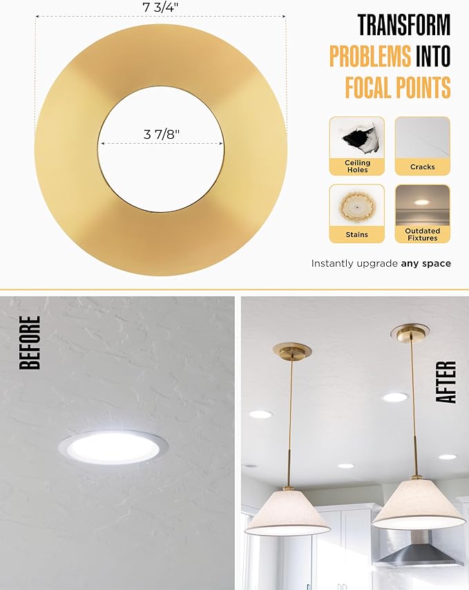 The Can Converter R56 Recessed Can Light Conversion Kit w/ 7"¾ Flat Ceiling Medallion - Home Improvement for 5" & 6" Cans, Converter Kit for Ceiling Fan & Light Fixture, UL Certified, Polished Brass