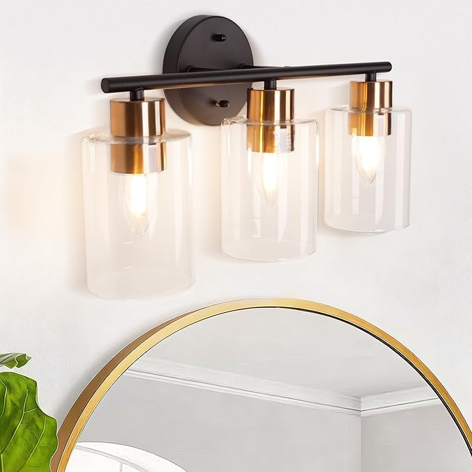 Bathroom Vanity Light, 3-Light Wall Sconce, Modern Matte Black and Gold Brushed Brass with Clear Glass Classic Lamp for Dressing Table, Bathroom Light Fixtures Over Mirror Bedroom Hallway